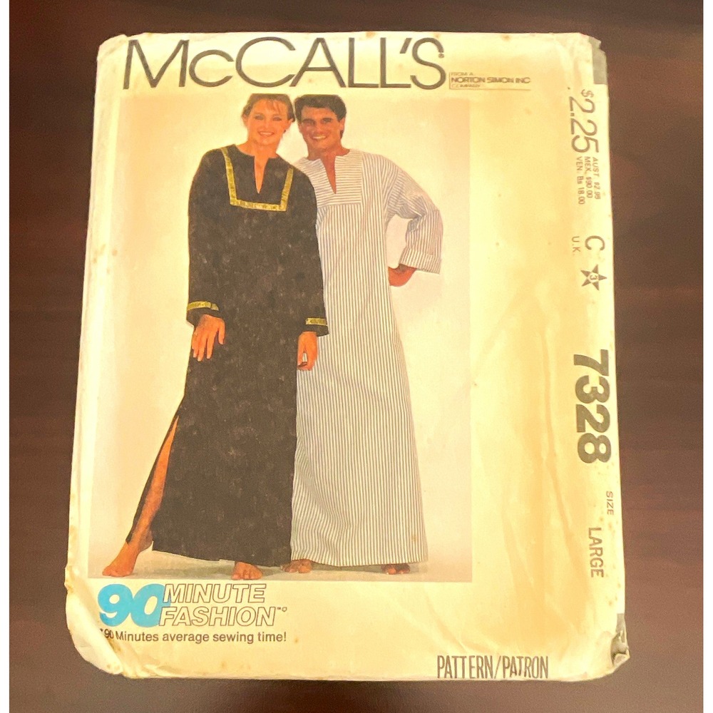 McCall's 7328 VTG 1980s 90 Minute Fashion Unisex Caftan Pattern L UNCUT